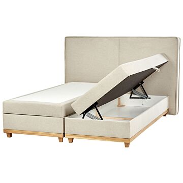 Eu King Size Divan Bed With Storage 6ft Light Beige Upholstery With Bonell Spring Mattress Beliani