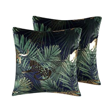 Set Of 2 Decorative Cushions Green Velvet Palm Leaf Floral Pattern 45 X 45 Cm Animal Foil Print Modern Retro Decor Accessories Beliani