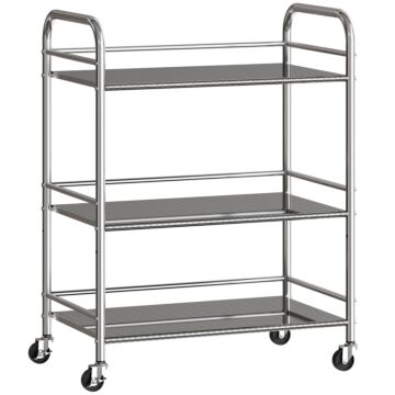 Homcom 3 Tier Stainless Steel Kitchen Storage Trolley With Adjustable Shelf - Silver