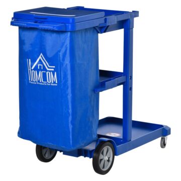 Homcom Cleaning Carts On Wheels, Janitorial Trolley With 3 Tier Shelves, Housekeeping Utility Service Unit With Rubbish Bag And Mop Mount For Hotel, Office, Blue