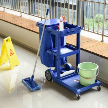 Homcom Cleaning Carts On Wheels, Janitorial Trolley With 3 Tier Shelves, Housekeeping Utility Service Unit With Rubbish Bag And Mop Mount For Hotel, Blue