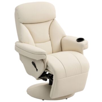 Homcom Manual Recliner Chair With Footrest, Upholstered Reclining Armchair With Adjustable Backrest And Cup Holder, Pu Leather Swivel Chair For Living Room, Bedroom, Cream White
