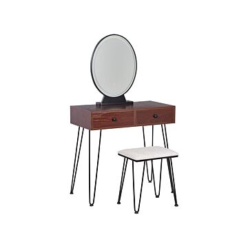 Dressing Table Dark Wood And Black Mdf 2 Drawers Led Mirror Stool Living Room Furniture Glam Design Beliani