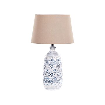 Table Lamp White And Blue Ceramic Base Fabric Shade Ambient Lighting Bedside Table Lamp Beliani