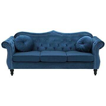 Sofa Blue Velvet 3 Seater Nailhead Trim Button Tufted Throw Pillows Rolled Arms Glam Beliani
