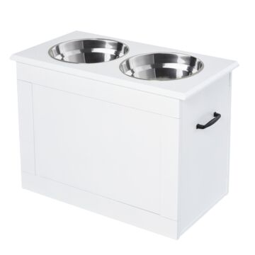 Pawhut Raised Pet Feeding Storage Station With 2 Stainless Steel Bowls Base For Large Dogs And Other Large Pets, White
