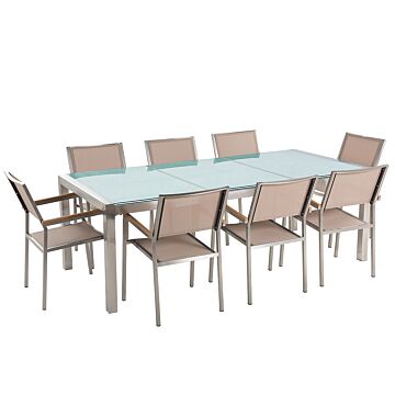 Garden Dining Set Beige With Cracked Glass Table Top 8 Seats 220 X 100 Cm Beliani