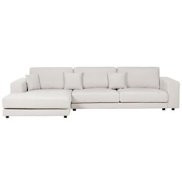 Right Hand 4 Seater Corner Sofa White Fabric Upholstered Track Armrests Additional Cushions Minimalistic Modern Style Beliani
