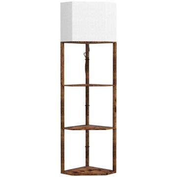 Homcom Corner Floor Lamp With Shelves, Modern Tall Standing Lamp With Chain Switch For Living Room, Bedroom, Bulb Not Included, Rustic Brown
