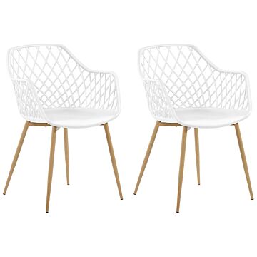 Set Of 2 Dining Chairs White Synthetic Seat Light Wood Metal Legs Open Net Back Modern Living Room Scandinavian Style Beliani