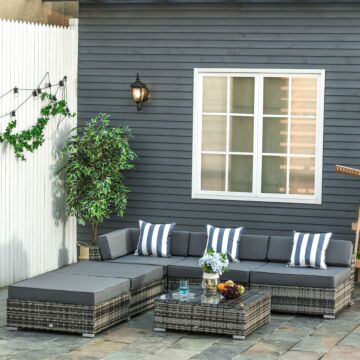 Outsunny 5-seater Rattan Sofa Coffee Table Set Sectional Wicker Weave Furniture For Garden Outdoor Conservatory W/ Pillow Cushion Grey