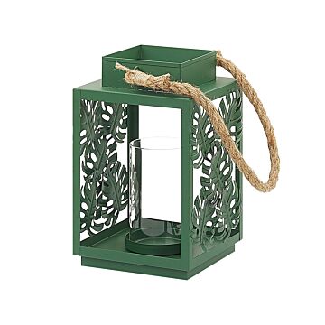 Lantern Green Metal 25 Cm Glass Candle Holder Monstera Leaves Boho Decoration Beliani