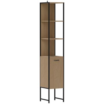Homcom Tall Bathroom Cabinet With Open Shelves And Adjustable Shelf - Natural Wood Finish