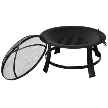 Outsunny Metal Large Firepit Bowl Outdoor Round Fire Pit W/ Lid, Log Grate, Poker For Backyard, Camping, Bbq, Bonfire, 76 X 76 X 53cm, Black