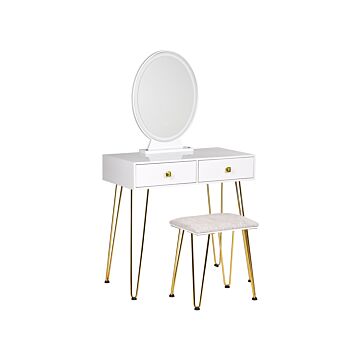 Dressing Table White And Gold Mdf 2 Drawers Led Mirror Stool Living Room Furniture Glam Design Beliani