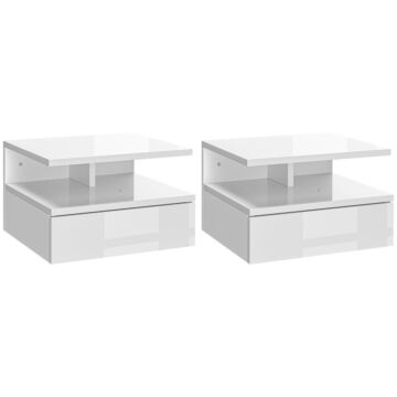 Homcom Set Of Two Floating High Gloss Bedside Tables - White