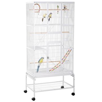 Pawhut 3 Tier Bird Cage With Stand, Wheels, Toys, Ladders, For Canaries, Finches, Cockatiels, Parakeets, Budgie Cage With Accessories - White