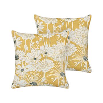 Set Of 2 Scatter Cushions Yellow Cotton 45 X 45 Cm Throw Pillow Embroidered Floral Print Pattern Beliani