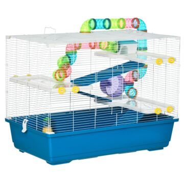 Pawhut Large Hamster Cage, Multi-storey Gerbil Haven, Small Rodent House, Tunnel Tube System, With Water Bottle, Exercise Wheel, Food Dish,ramps Blue