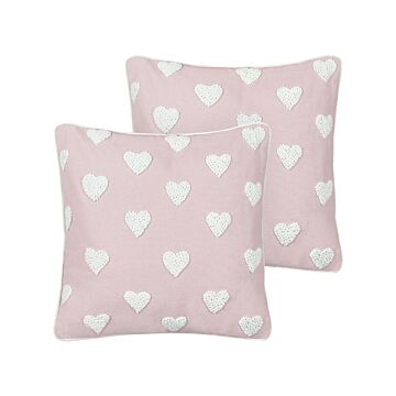 Set Of 2 Scatter Cushions Pink Cotton 45 X 45 Cm Embroidered Hearts Pattern Beliani