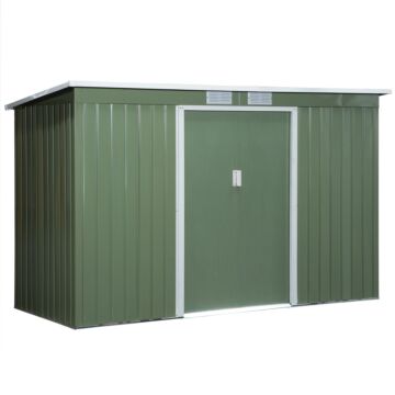 Outsunny 9 X 4.5 Ft Pent Roof Metal Garden Storage Shed Corrugated Steel Tool Box With Foundation Ventilation & Doors, Light Green