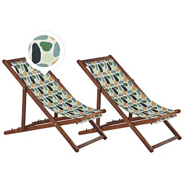 Set Of 2 Garden Deck Chairs Dark Acacia Wood Frame Geometric Pattern Replacement Fabric Hammock Seat Reclining Folding Sun Lounger Beliani