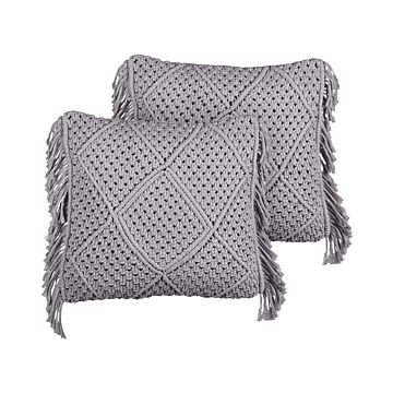 Decorative Cushion Set Of 2 Grey Cotton Macramé 45 X 45 Cm With Tassels Rope Boho Retro Decor Accessories Beliani