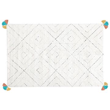 Area Rug White Cotton Shaggy 140 X 200 Cm Multicolour Geometric Pattern Beliani