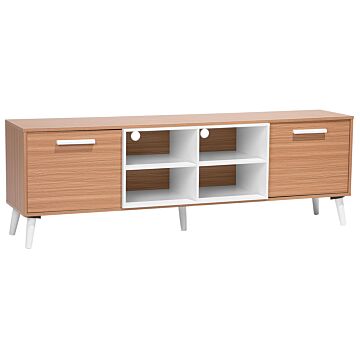 Tv Stand Light Wood With White For Up To 78ʺ Tv Media Unit With 2 Cabinets Shelves Beliani