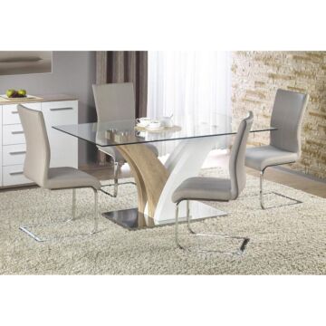 Simone Hg Dining Table White & Nat. With Clear Glass Top