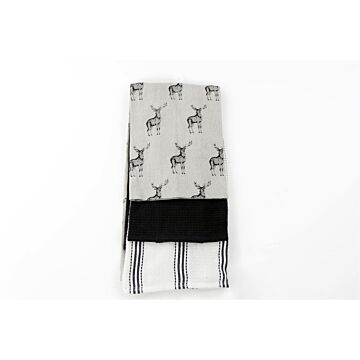 Grey Kitchen Pack Of 3 Tea Towels With A Stag Print Design