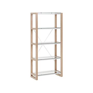 Bookcase White And Light Wood Wooden Glass Shelves Freestanding Shelving Unit Scandinavian Design Beliani