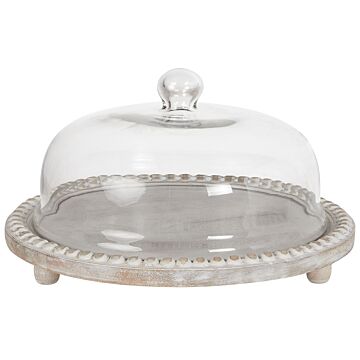 Cake Stand With Lid Light Mango Wood Glass 29 X 29 X 16 Cm Decorative Serving Tray Cake Dome Pastry Holder Beliani
