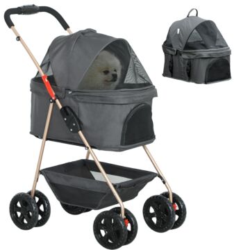 Pawhut 3 In 1 Pet Stroller, Folding 4 Wheels Dog Pram With Detachable Carrier For Mini Dogs Cats, Grey