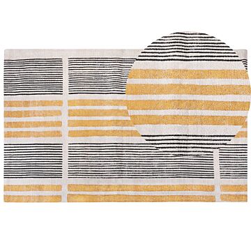 Area Rug Yellow And Black Cotton 140 X 200 Cm Flat Weave Jacquard Woven Striped Pattern Boho Living Room Bedroom Beliani
