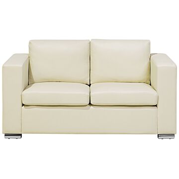 2 Seater Sofa Loveseat Beige Leather Upholstery Chromed Legs Retro Design Beliani