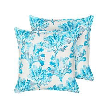 Set Of 2 Scatter Cushions White And Blue Cotton 45 X 45 Cm Marine Coral Pattern Square Polyester Filling Home Accessories Beliani