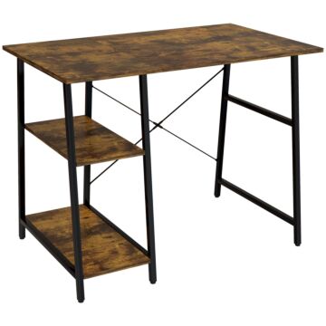 Homcom 100cm Computer Desk With Storage, Industrial Home Office Desk With 2 Tier Shelves And Steel Frame, Computer Table For Study Room, Rustic Brown