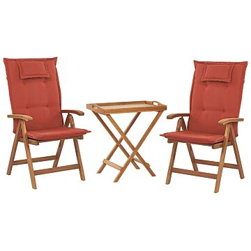 Garden Bistro Set Acacia Wood Table 2 Chairs With Red Cushions Uv Resistant Foldable Beliani