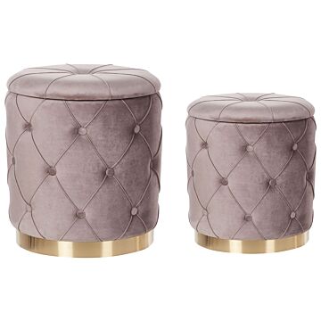 Set Of Storage Pouffes Taupe Beige Polyester Velvet Button Tufted Upholstery Golden Base Retro Design Beliani