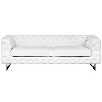 3 Seater Chesterfield Style Sofa White Tuxedo Arms Buttoned Back Silver Legs Beliani