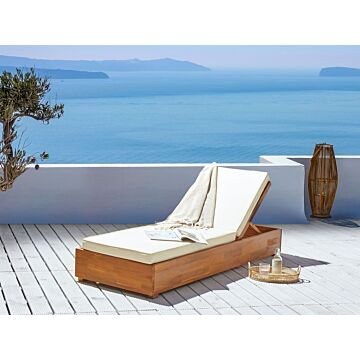 Reclining Sun Lounger Light Wood And White Acacia Wood With Cushions Adjustable Backrest Beliani