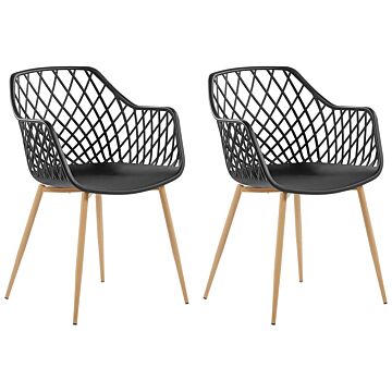 Set Of 2 Dining Chairs Black Synthetic Seat Light Wood Metal Legs Open Net Back Modern Living Room Scandinavian Style Beliani