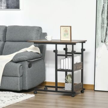 Homcom C-shaped Side Table Industrial Mobile Rolling End Desk With 3-tier Storage Shelving, Adjustable Height, Wheels