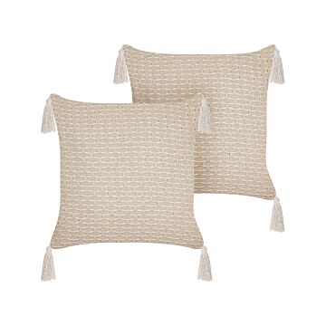 Set Of 2 Scatter Cushions Light Beige 42 X 42 Cm Throw Pillow Geometric Pattern Tassels Removable Cover With Filling Beliani