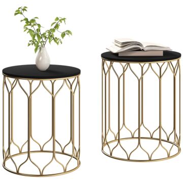 Outsunny Garden Side Table Set Of 2, Nesting Tables With Ceramic Tile Top, Indoor Outdoor Small Garden Tables, Multifunctional End Tables With Metal Frame For Patio, Balcony, Porch, Black