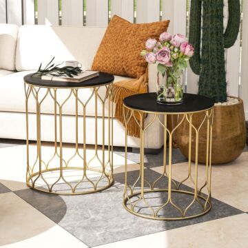 Outsunny Garden Side Table Set Of 2, Nesting Tables With Ceramic Tile Top, Indoor Outdoor Small Garden Tables, Multifunctional End Tables With Metal Frame For Patio, Balcony, Porch, Black