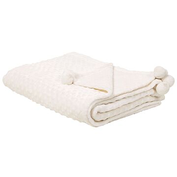 Blanket Cream Throw 200 X 220 With Pom Poms Popcorn Texture Soft Coverlet Beliani