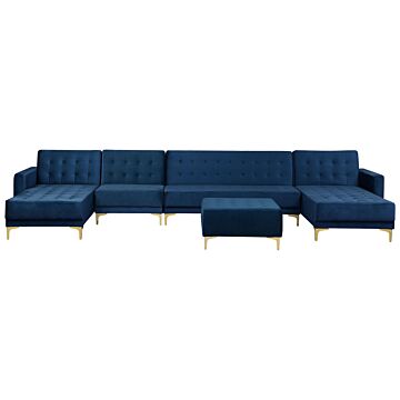 Corner Sofa Bed Navy Blue Velvet Tufted Fabric Modern U-shaped Modular 6 Seater With Ottoman Chaise Lounges Beliani