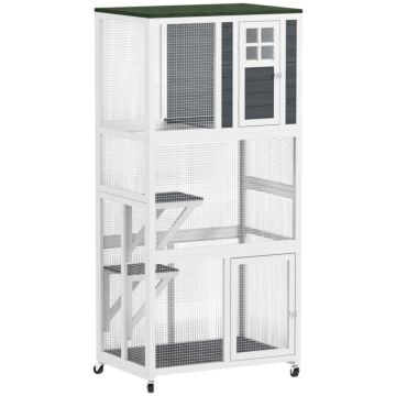 Pawhut Wooden Catio Cat Outdoor Enclosure, Cat Cage With Waterproof Roof, Platforms, For Multiple Cats, White